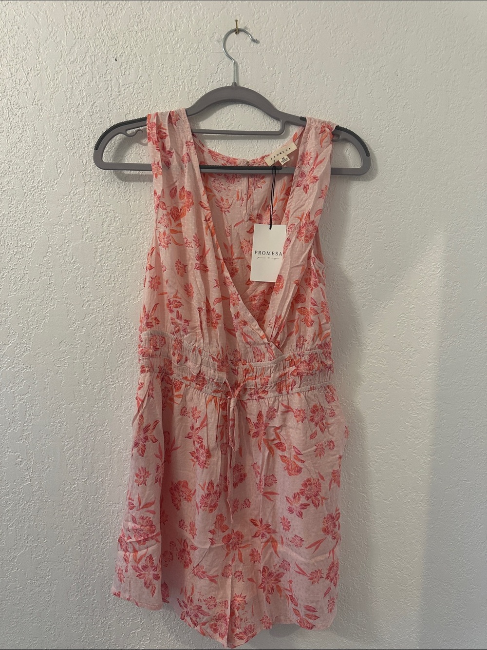 Promesa Coral-Pink Floral Sleeveless Wrap Romper